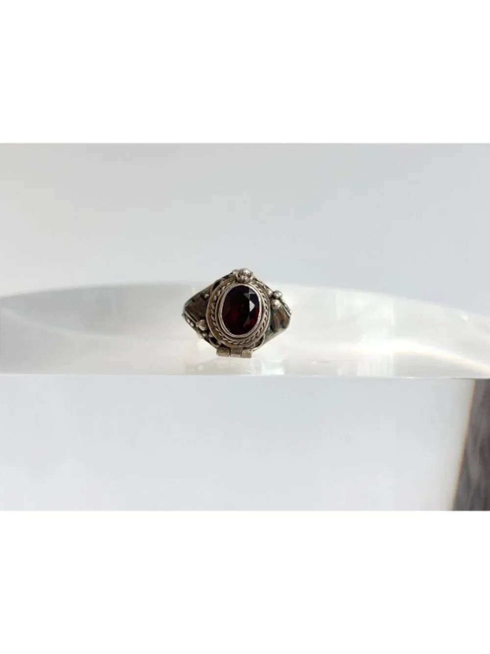 Poison Box Art Deco Style Hinged Garnet Sterling Silver 925 Vintage Ring sz 5.25